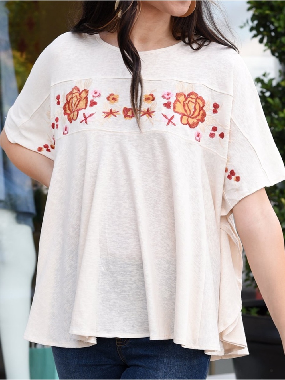 Easel Boho Cream Embroidered Floral Top M